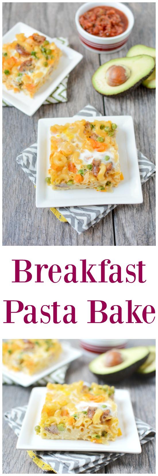 Packed with protein, vegetables and whole grains, this Breakfast Pasta Bake is easy to make. Assemble ahead of time and bake it in the morning to feed guests or bake it on Sunday and reheat it for breakfast all week long.