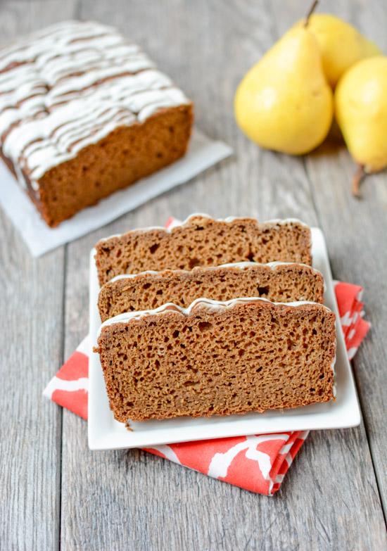 This recipe for Pear Gingerbread is perfectly spiced and full of flavor. It's easy to mix up in a blender and is great for an afternoon snack or topped with some ice cream for a holiday dessert.