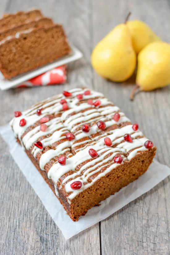 This recipe for Pear Gingerbread is perfectly spiced and full of flavor. It's easy to mix up in a blender and is great for an afternoon snack or topped with some ice cream for a holiday dessert.