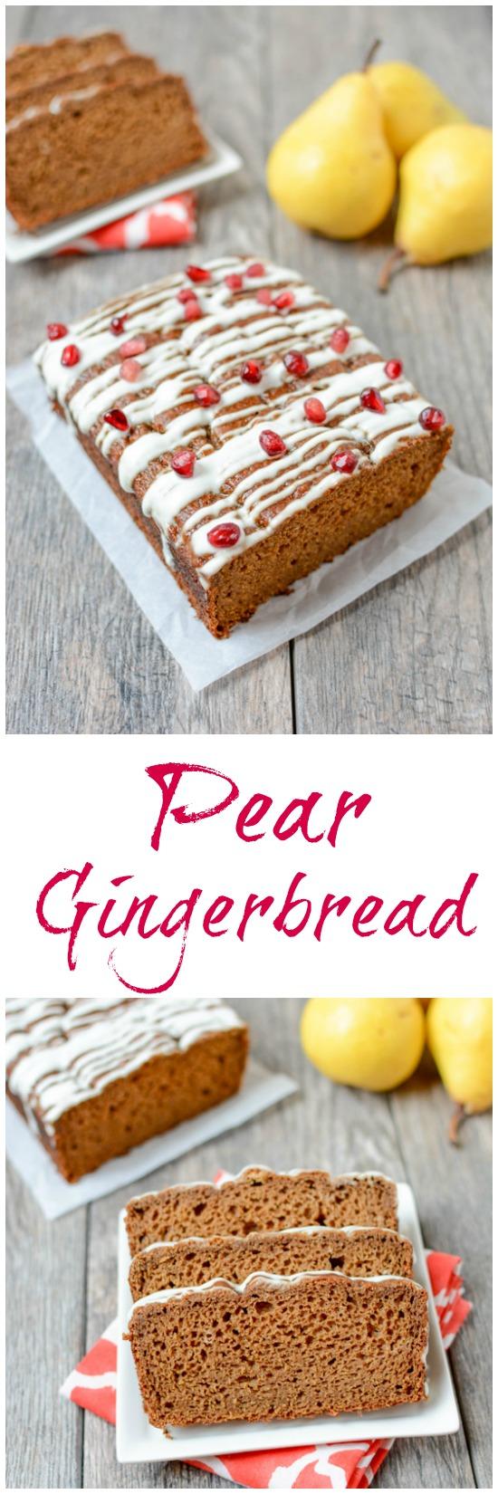 This recipe for Pear Gingerbread is perfectly spiced and full of flavor. It's easy to mix up in a blender and is great for an afternoon snack or topped with some ice cream for a holiday dessert.