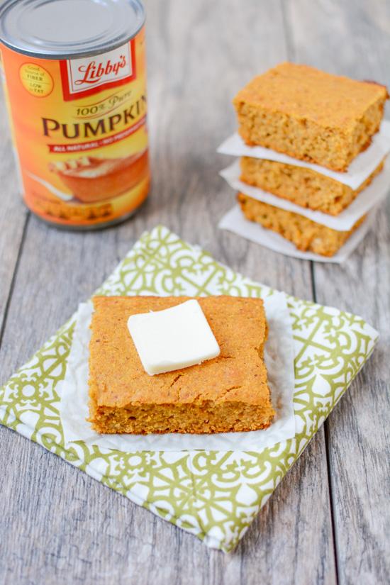 Lightly sweetened and full of fall flavors, this recipe for Pumpkin Cornbread is the perfect dinner side dish. Make a batch for Thanksgiving or enjoy with a big bowl of chili.