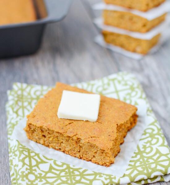 Lightly sweetened and full of fall flavors, this recipe for Pumpkin Cornbread is the perfect dinner side dish. Make a batch for Thanksgiving or enjoy with a big bowl of chili.