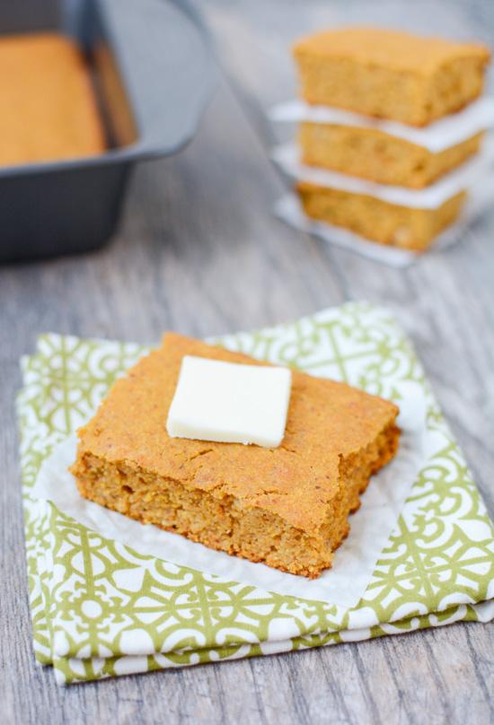 Lightly sweetened and full of fall flavors, this recipe for Pumpkin Cornbread is the perfect dinner side dish. Make a batch for Thanksgiving or enjoy with a big bowl of chili.