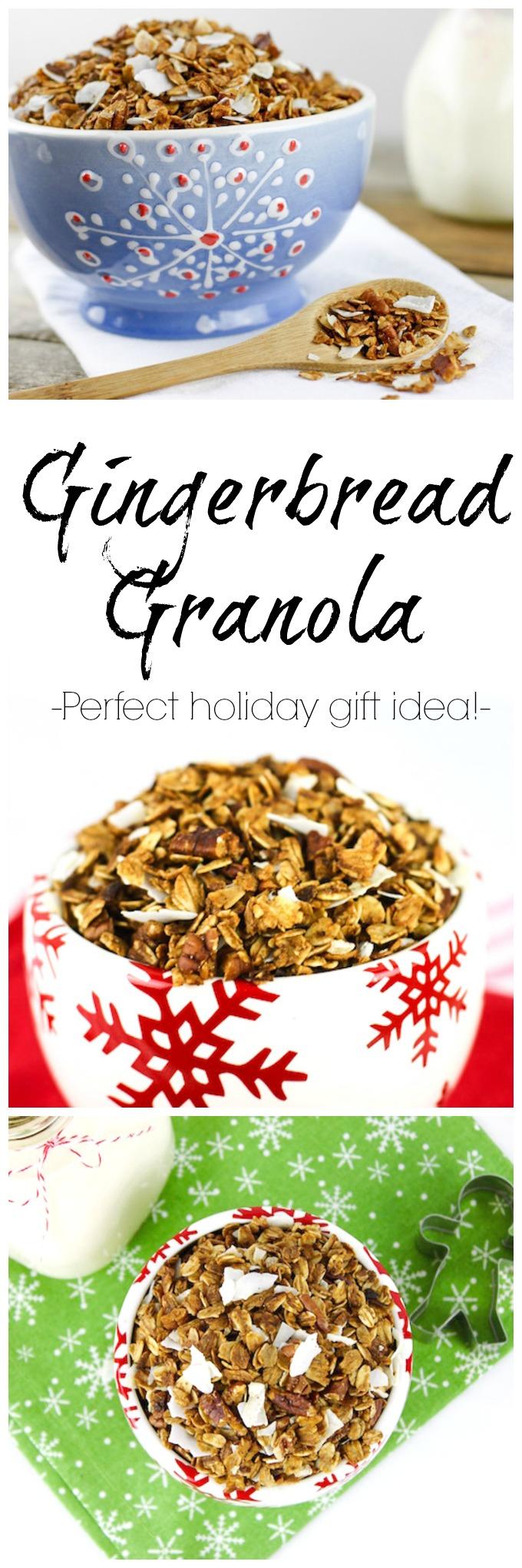 This Gingerbread Granola recipe is everything you love about gingerbread transformed into a crunchy and satisfying granola suitable for breakfast, snacking and edible holiday gifts!