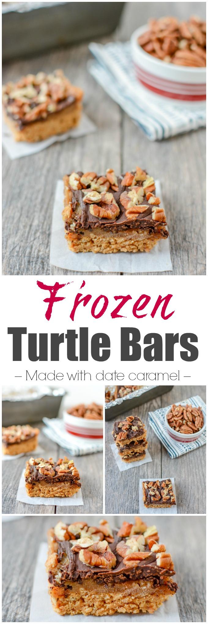 These five-ingredient Frozen Turtle Bars are a simple, easy to make dessert and are perfect to have on hand for an after dinner treat! 