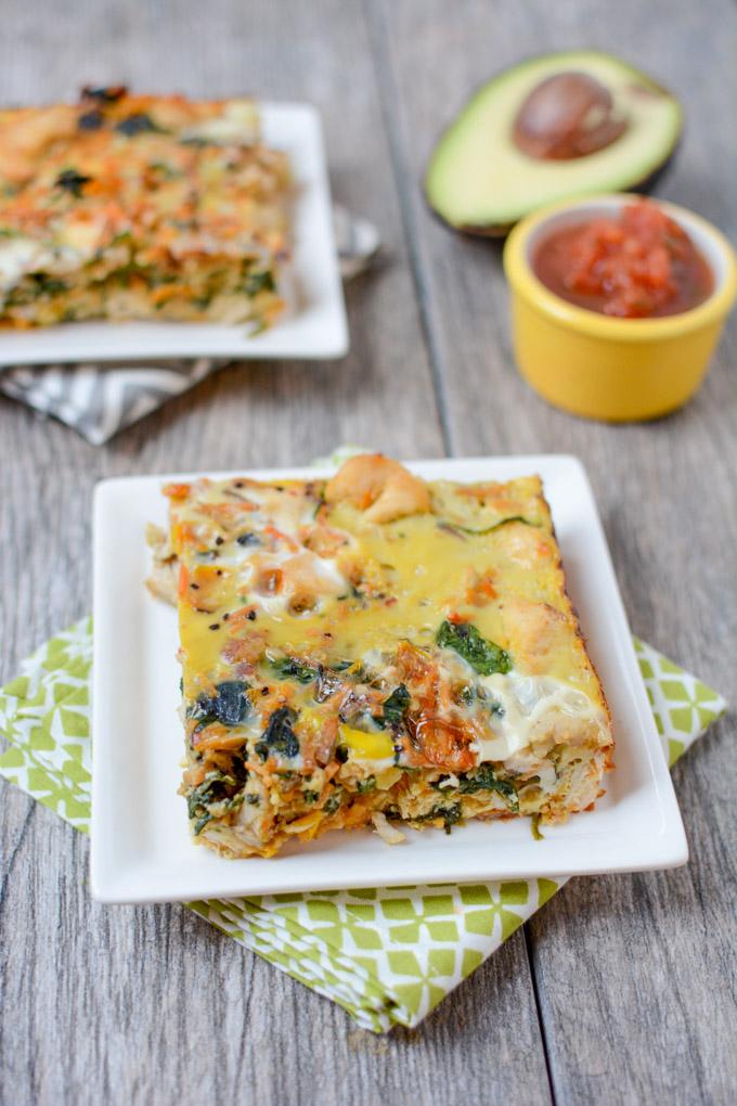 Packed with vegetables, this Paleo Breakfast Casserole with Chicken is a simple and delicious recipe. Serve it for brunch or make it on Sunday and reheat a slice every day for breakfast during the week. 