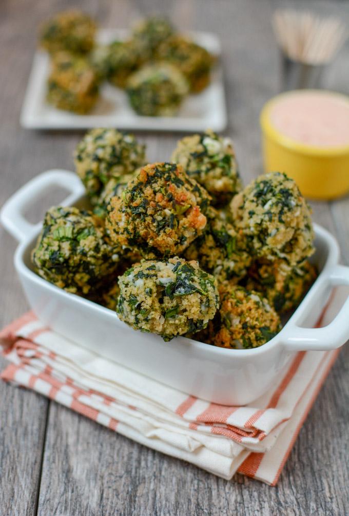 These Easy Spinach Balls are a perfect party appetizer. Prep the recipe ahead of time for easy entertaining or serve them as a kid-friendly vegetable option at dinner!