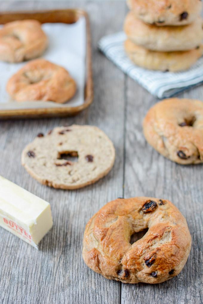 These Cinnamon Raisin Bagels are easy to make at home and taste way better than store-bought! Perfect with peanut butter for an afternoon snack!