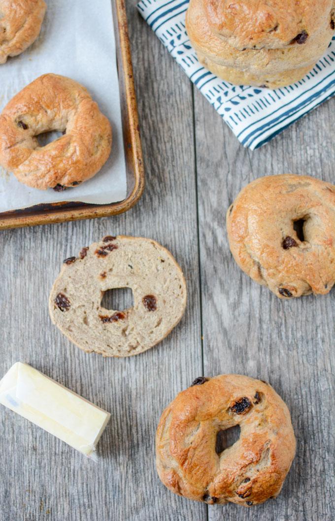 These Cinnamon Raisin Bagels are easy to make at home and taste way better than store-bought! Perfect with peanut butter for an afternoon snack!