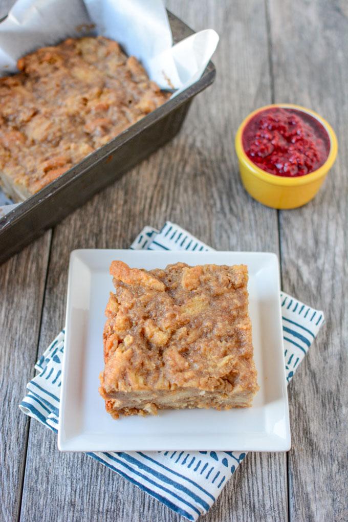 This recipe for a small batch of Peanut Butter Bread Pudding is perfect for dessert! Top with smashed raspberries for added sweetness.
