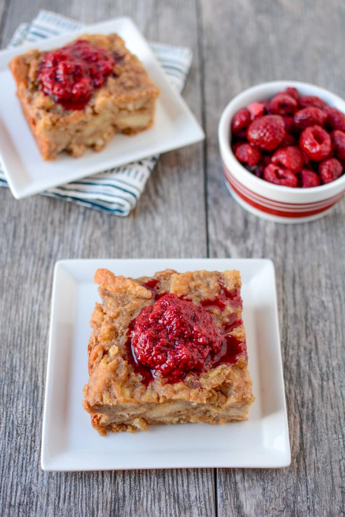 This recipe for a small batch of Peanut Butter Bread Pudding is perfect for dessert! Top with smashed raspberries for added sweetness.