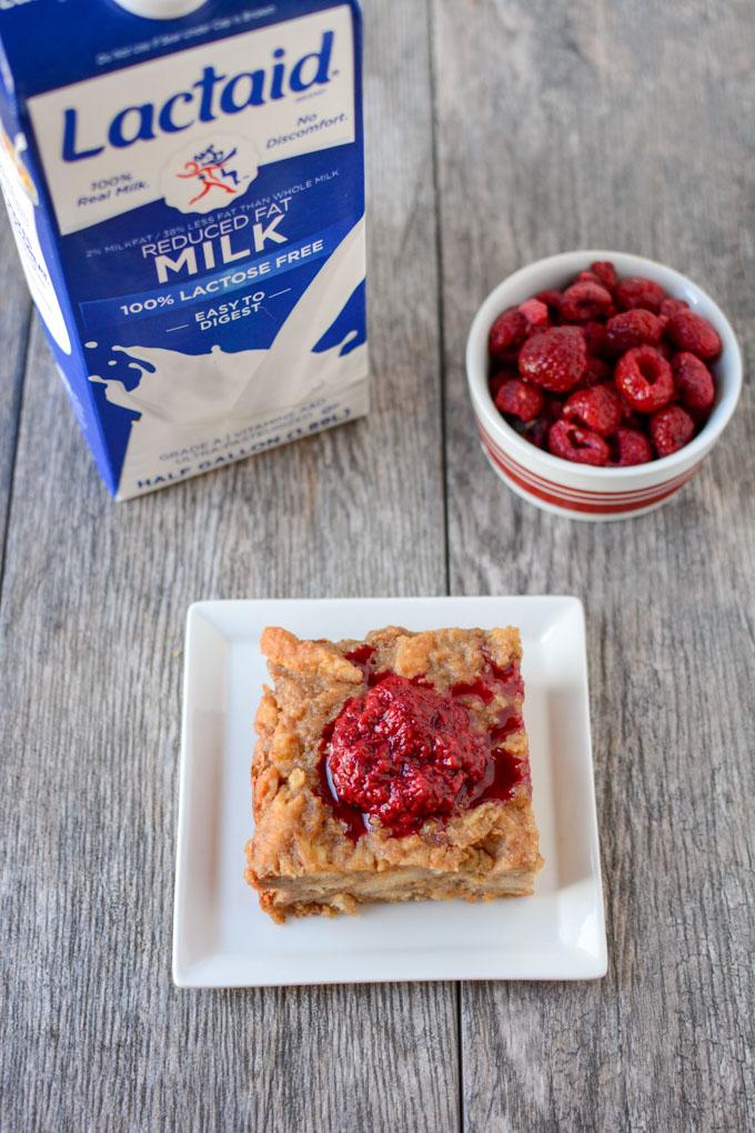 This recipe for a small batch of Peanut Butter Bread Pudding is perfect for dessert! Top with smashed raspberries for added sweetness.