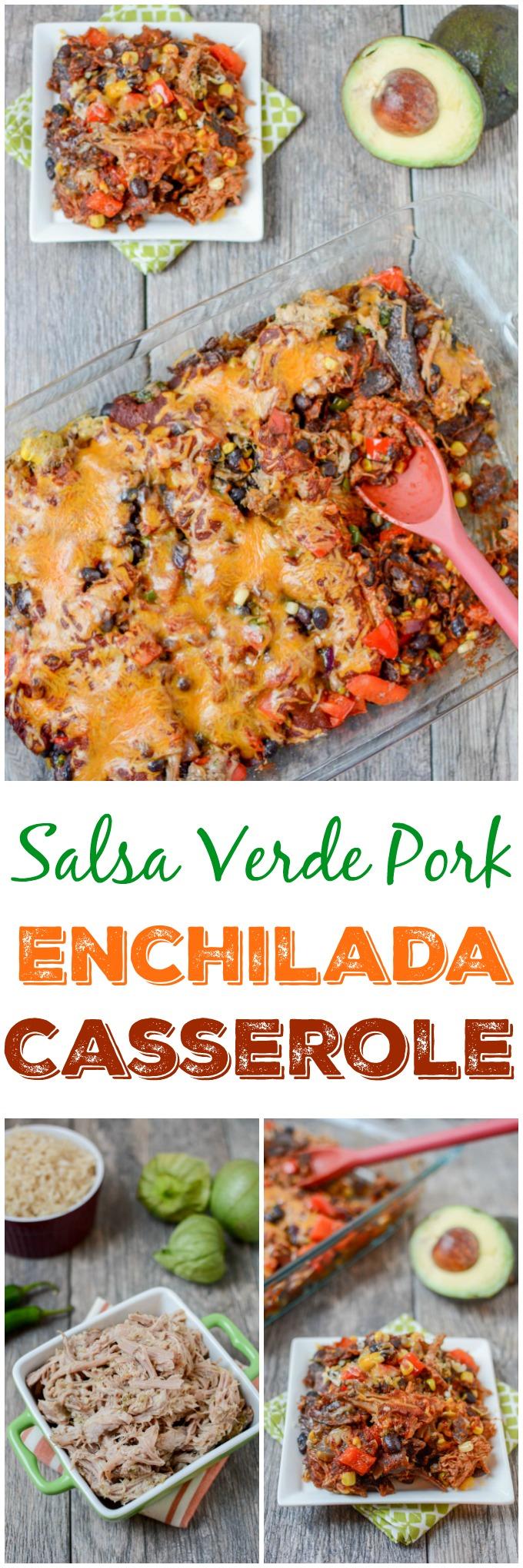 This recipe for Salsa Verde Pork Enchilada Casserole is gluten-free and easily makes two dinners. Serve the slow cooker salsa verde pork with rice one night and turn the leftovers into enchilada casserole later in the week. 