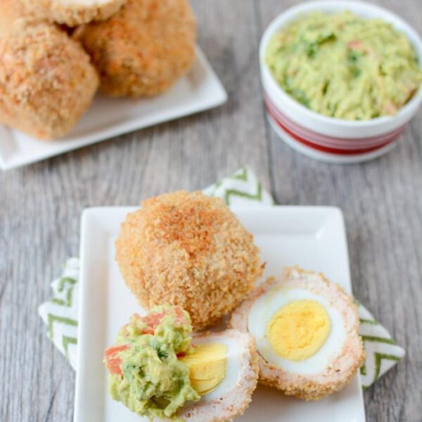 This recipe for Baked Scotch Eggs makes a great high protein breakfast. Enjoy them warm or cold and serve with guacamole for some added healthy fats!
