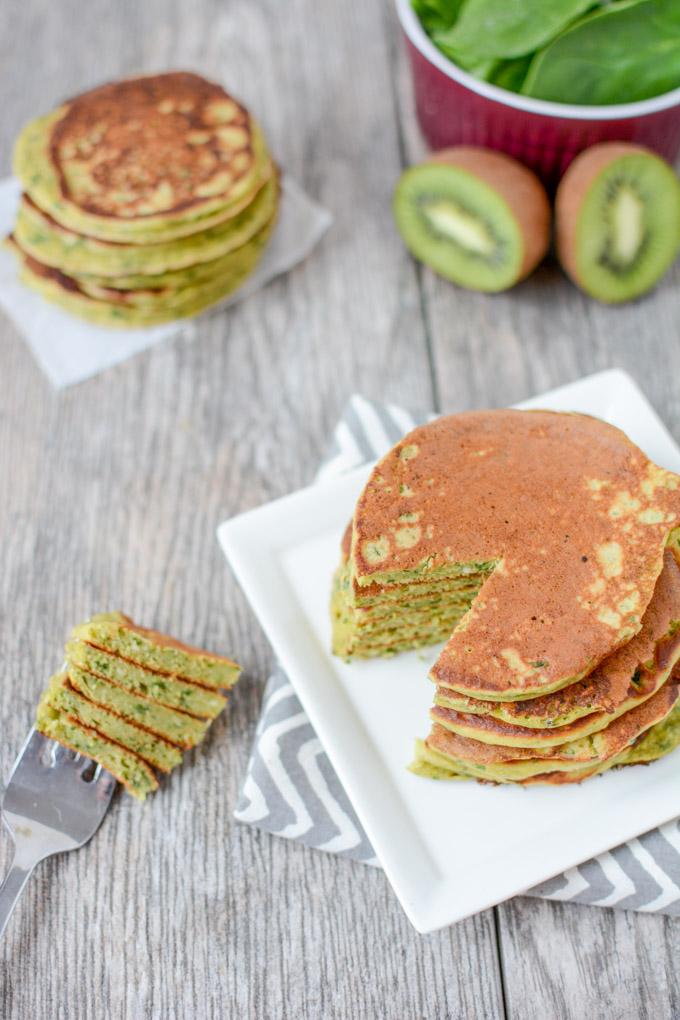 This recipe for Green Smoothie Pancakes has all the healthy ingredients from your favorite smoothie in pancake form so you can prep them ahead of time and reheating for breakfast during the week!