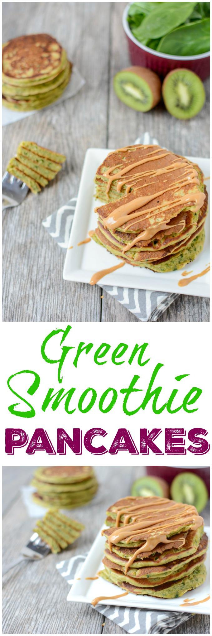 This recipe for Green Smoothie Pancakes has all the healthy ingredients from your favorite smoothie in pancake form so you can prep them ahead of time and reheating for breakfast during the week!