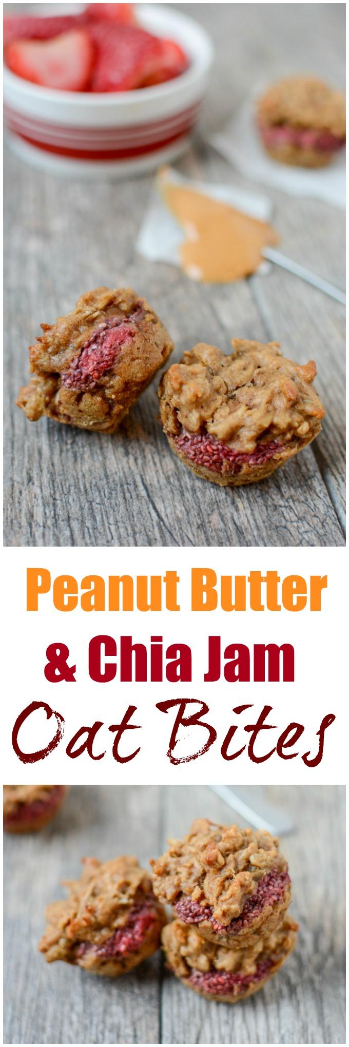 This gluten-free recipe for Peanut Butter and Chia Jam Oat Bites is a fun twist on your favorite childhood sandwich! Perfect for breakfast or a grab-and-go snack. 