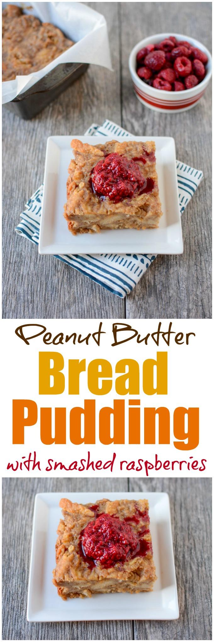 This recipe for a small batch of Peanut Butter Bread Pudding is perfect for dessert! Top with smashed raspberries for added sweetness.