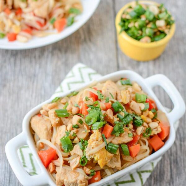 This quick and easy Chicken Pad Thai makes a great weeknight dinner. Full of Asian flavors, this recipe is gluten-free and ready in 20 minutes.