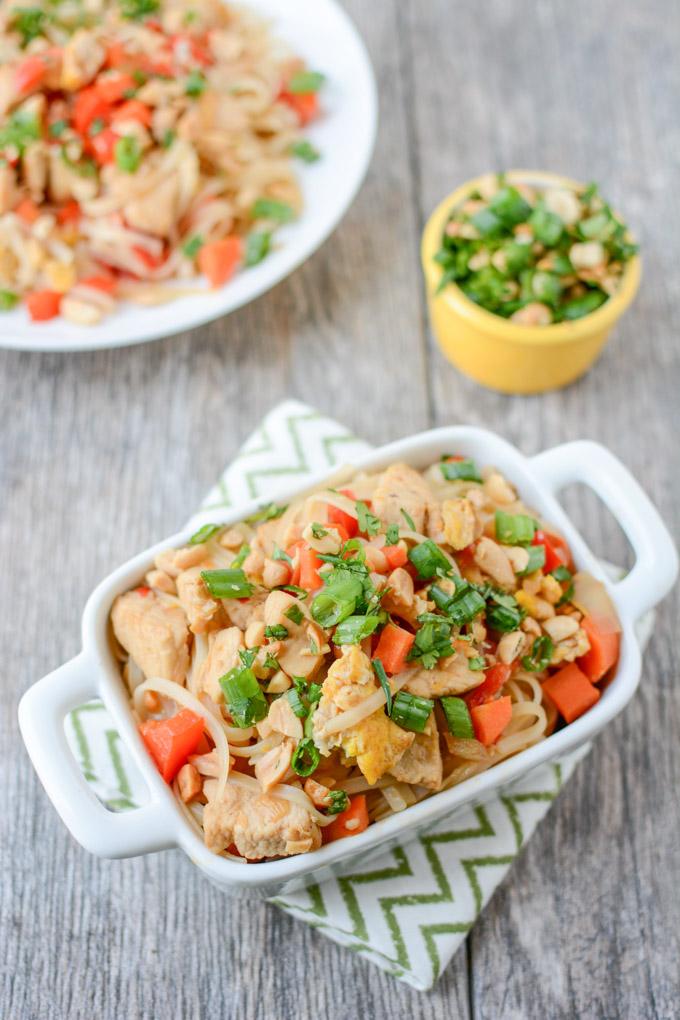 This quick and easy Chicken Pad Thai makes a great weeknight dinner. Full of Asian flavors, this recipe is gluten-free and ready in 20 minutes. 