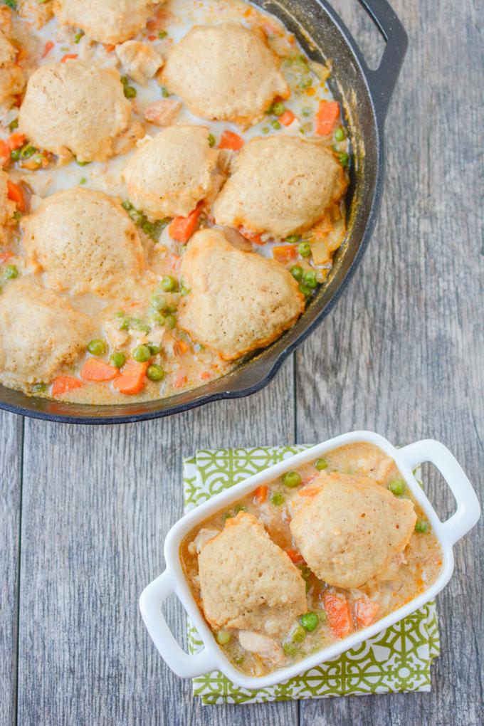 This recipe for Skillet Chicken and Dumplings makes an easy weeknight dinner. Ready in 30 minutes, it's healthy comfort food packed with protein and vegetables! 