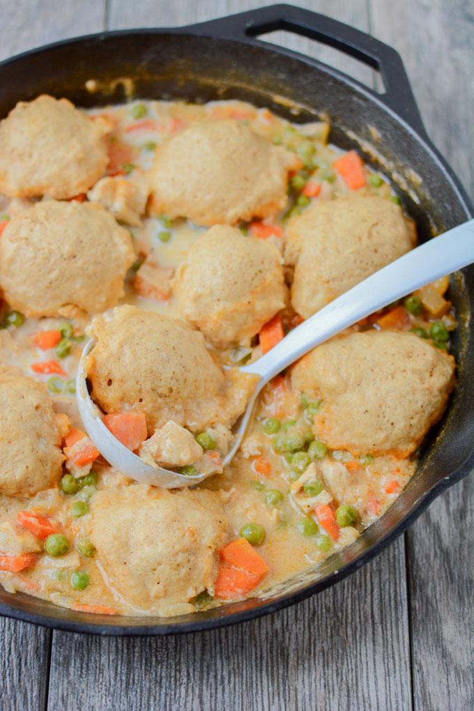 This recipe for Skillet Chicken and Dumplings makes an easy weeknight dinner. Ready in 30 minutes, it's healthy comfort food packed with protein and vegetables! 