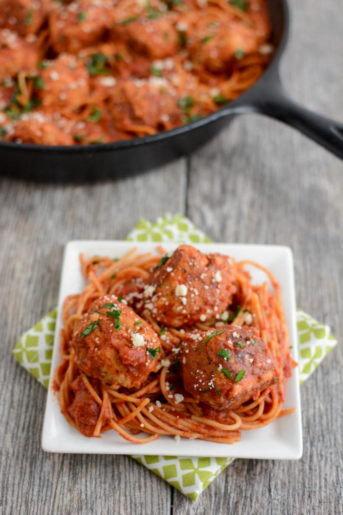 You only need one pan to make this recipe for Skillet Spaghetti and Meatballs because the spaghetti cooks right in the sauce! Your weeknight dinner just got even easier!