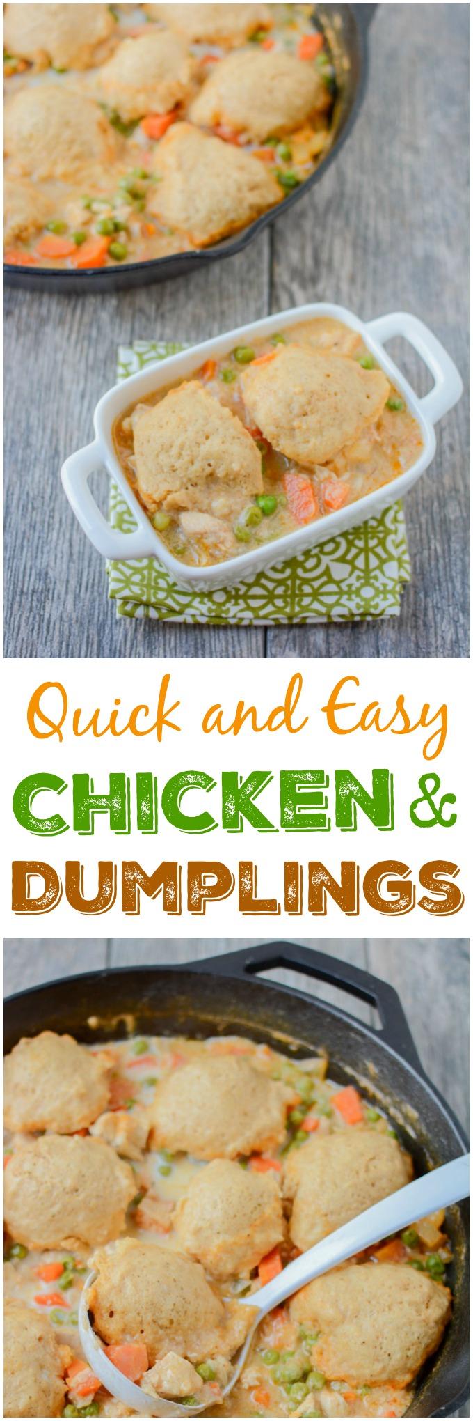 This recipe for Skillet Chicken and Dumplings makes an easy weeknight dinner. Ready in 30 minutes, it's healthy comfort food packed with protein and vegetables! 