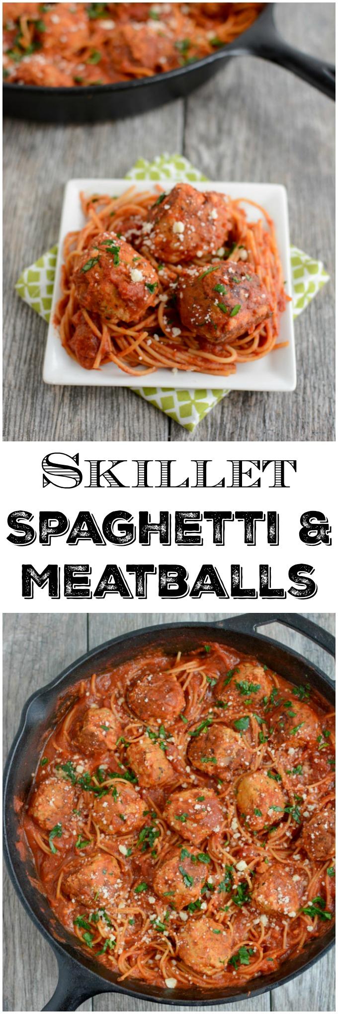 You only need one pan to make this recipe for Skillet Spaghetti and Meatballs because the spaghetti cooks right in the sauce! Your weeknight dinner just got even easier!