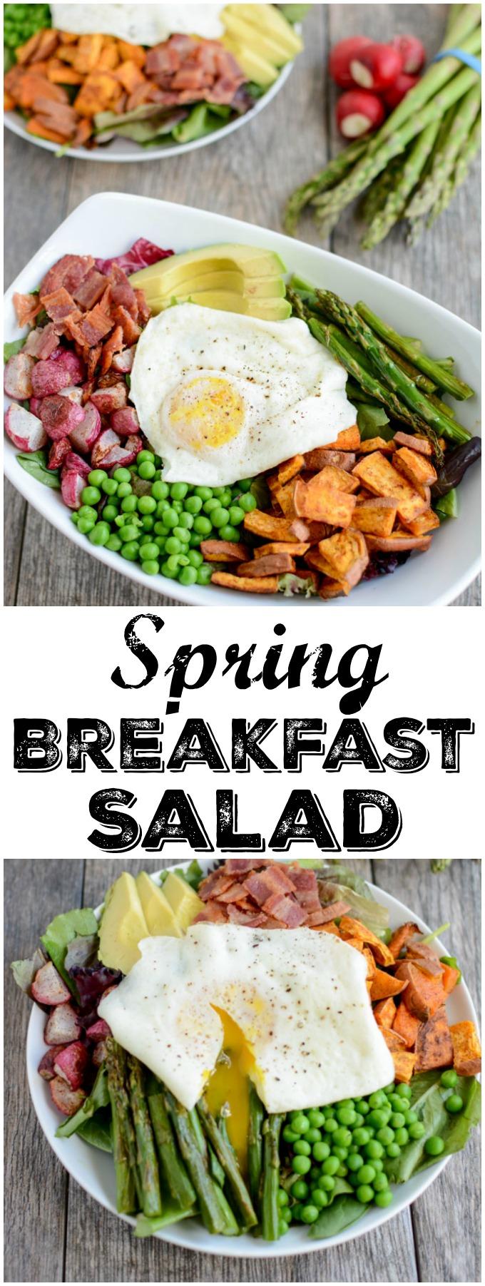 Loaded with spring vegetables and topped with over-easy eggs, this paleo, gluten-free Spring Breakfast Salad is an easy and delicious way to start your day with more veggies!