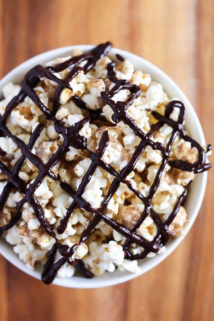 This recipe for vegan, gluten-free Chocolate Almond Butter Popcorn is so easy and makes a perfect healthy movie night dessert! You could even eat it for a snack!