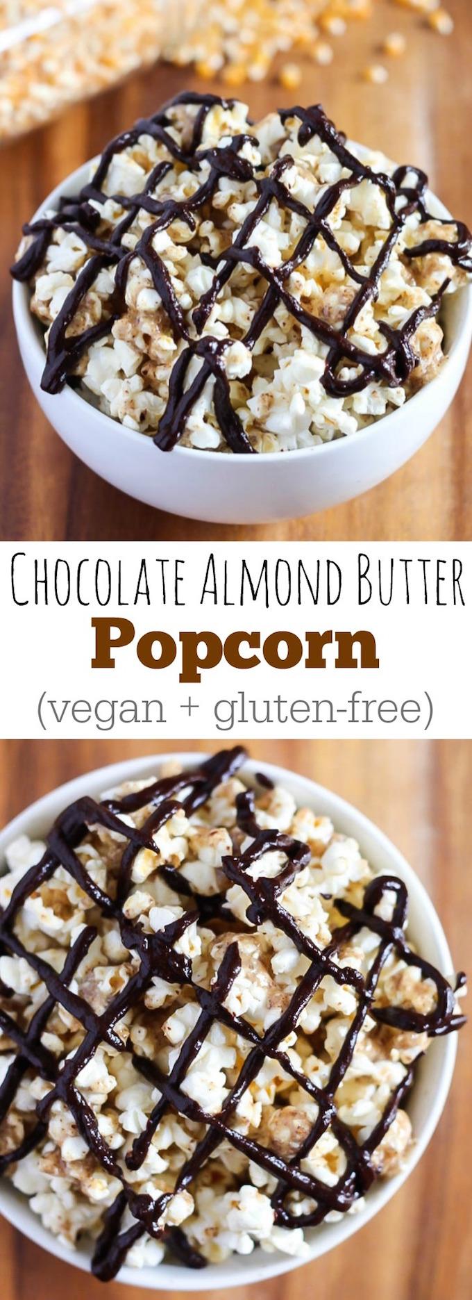 This recipe for vegan, gluten-free Chocolate Almond Butter Popcorn is so easy and makes a perfect healthy movie night dessert! You could even eat it for a snack!