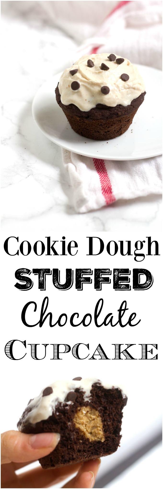 This single serving Cookie Dough Stuffed Chocolate Cupcake is the perfect dessert to satisfy your sweet tooth without leaving lots of extras around to tempt you later.