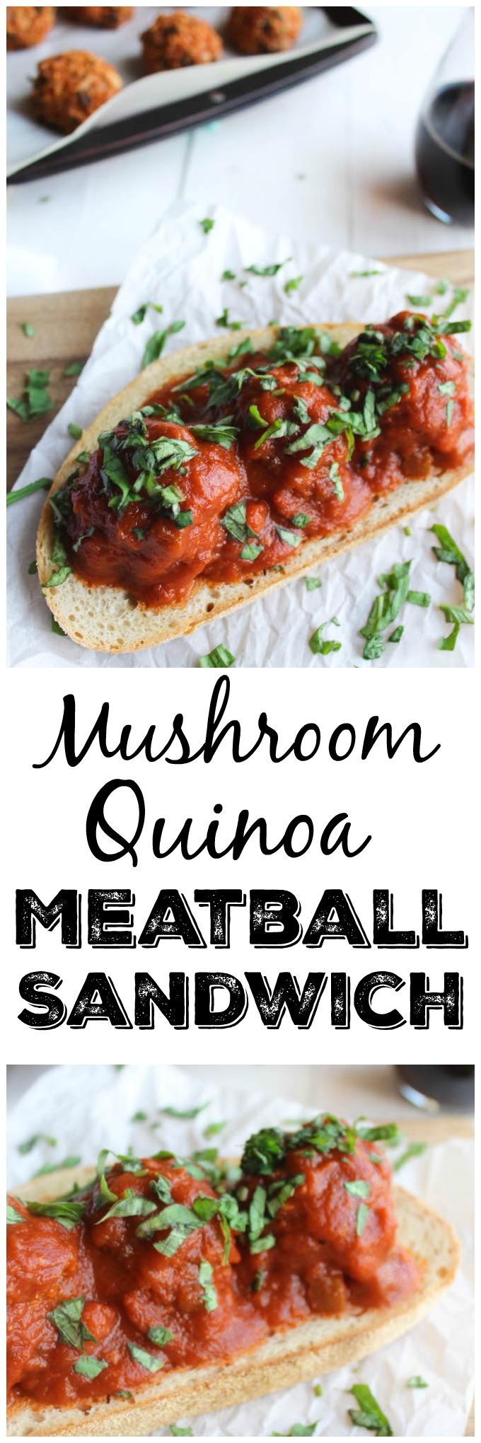 This Mushroom Quinoa Meatball Sandwich recipe is a great meatless alternative to your favorite meatball sub! Enjoy it with a glass of wine for an easy vegetarian dinner!