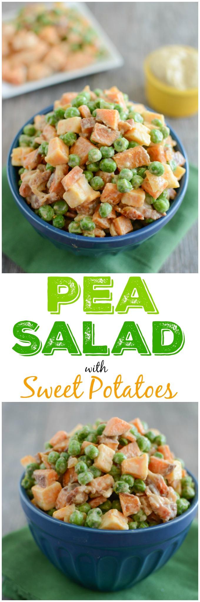 This Pea Salad with Sweet Potatoes is a healthy, kid-friendly recipe the whole family will love for dinner. Covered in hummus and mixed with bacon and cheese, what's not to love about this side dish?