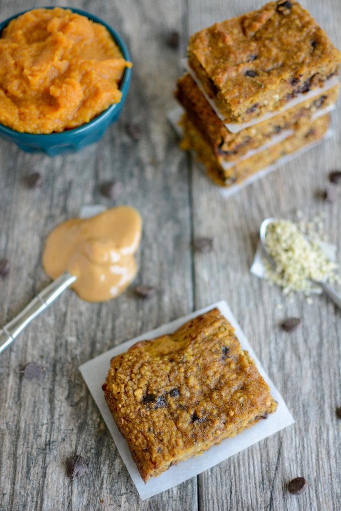 Gluten-free pumpkin yogurt bars with peanut butter and hemp seeds