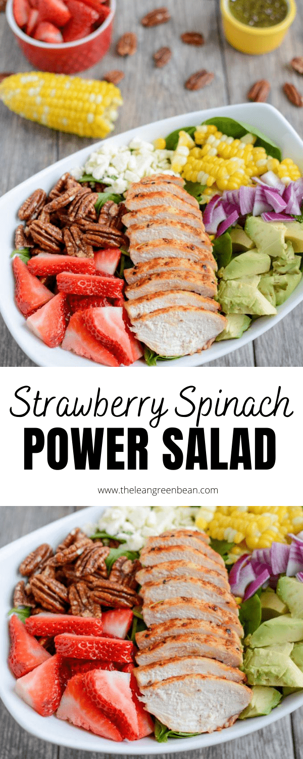 This Strawberry Chicken Spinach Power Salad is perfect for summer! It's packed with protein, fresh produce & nuts and topped with a lemon poppyseed dressing. A great recipe for lunch or dinner!