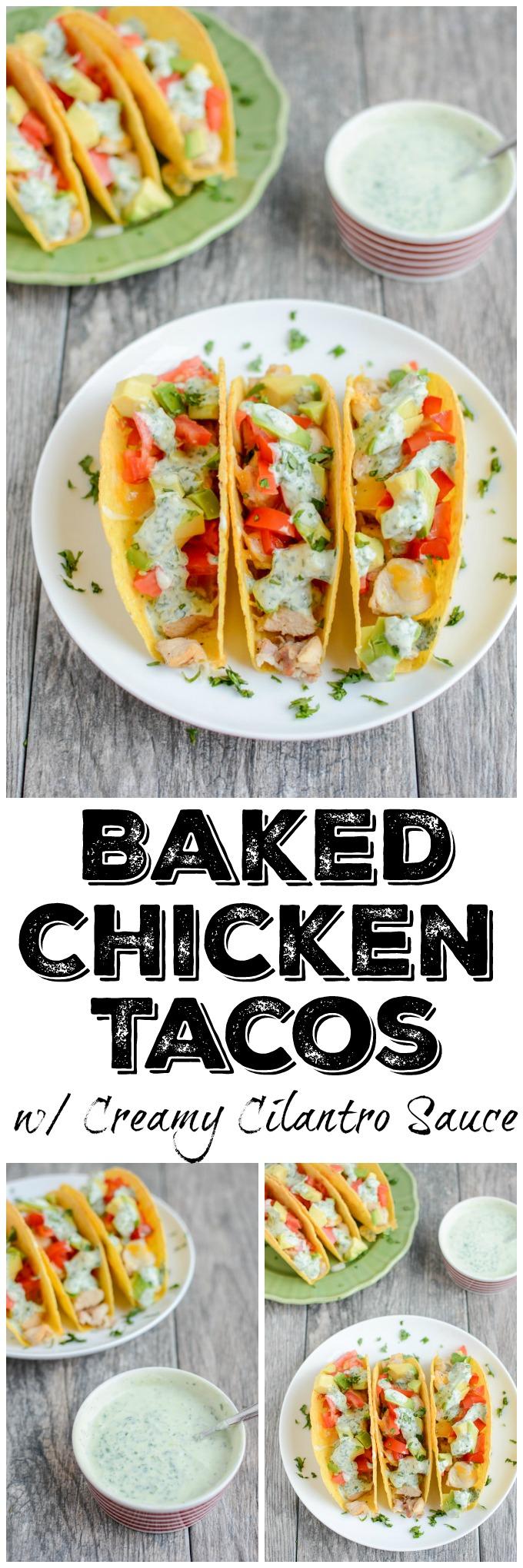 These gluten-free Baked Chicken Tacos with Creamy Cilantro Sauce will quickly become a favorite family dinner recipe! 