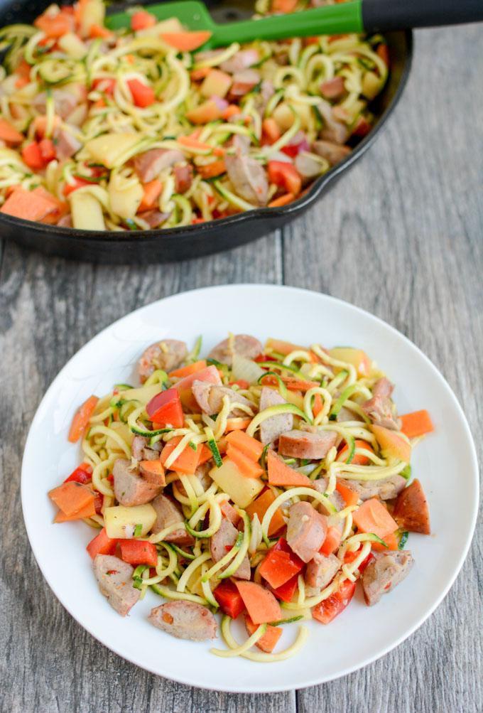 This gluten-free Chicken Sausage Skillet with Zoodles recipe will quickly become one of your go-to dinners. It's simple, healthy and easy to customize with whatever vegetables you have on hand.