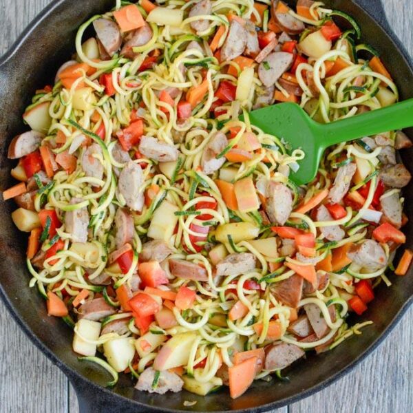 This Chicken Sausage Skillet with Zoodles recipe will quickly become one of your go-to dinners. It's simple, healthy and easy to customize with whatever vegetables you have on hand.