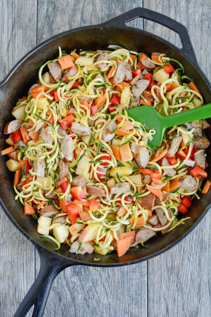 This gluten-free Chicken Sausage Skillet with Zoodles recipe will quickly become one of your go-to dinners. It's simple, healthy and easy to customize with whatever vegetables you have on hand.