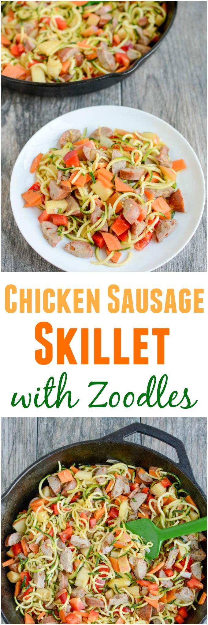 This gluten-free Chicken Sausage Skillet with Zoodles recipe will quickly become one of your go-to dinners. It's simple, healthy and easy to customize with whatever vegetables you have on hand.