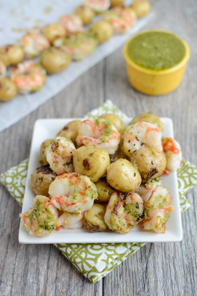 These Pesto Shrimp and Potato Kebabs are made with just a few ingredients and cook quickly on the grill for an easy summer dinner. 