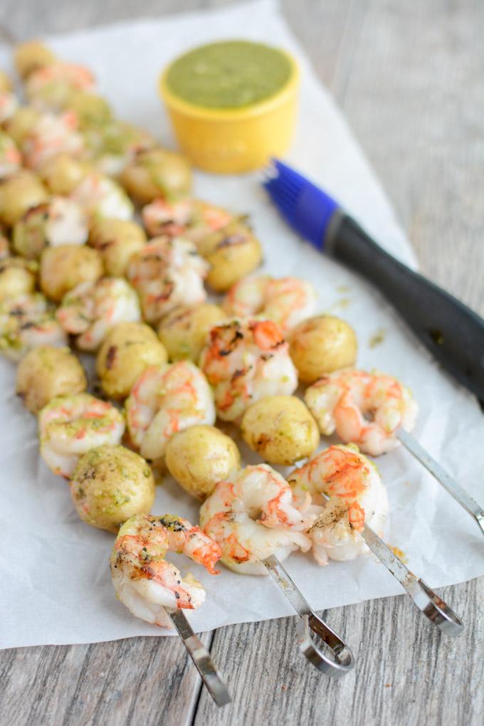 These Pesto Shrimp and Potato Kebabs are made with just a few ingredients and cook quickly on the grill for an easy summer dinner.