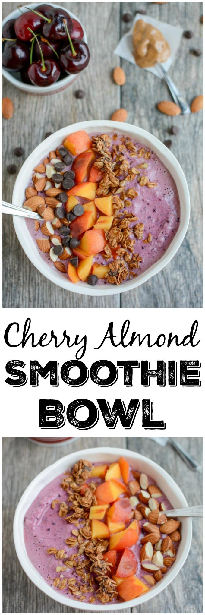 This Cherry Almond Smoothie Bowl recipe is full of healthy fats and protein for a healthy breakfast or snack on a hot day. Top with granola and nuts for an added crunch and dig in with a spoon!