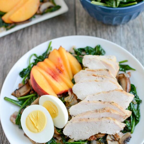 This Warm Spinach Bacon Salad with Chicken transforms leftover chicken into a whole new meal that's perfect for lunch or dinner.