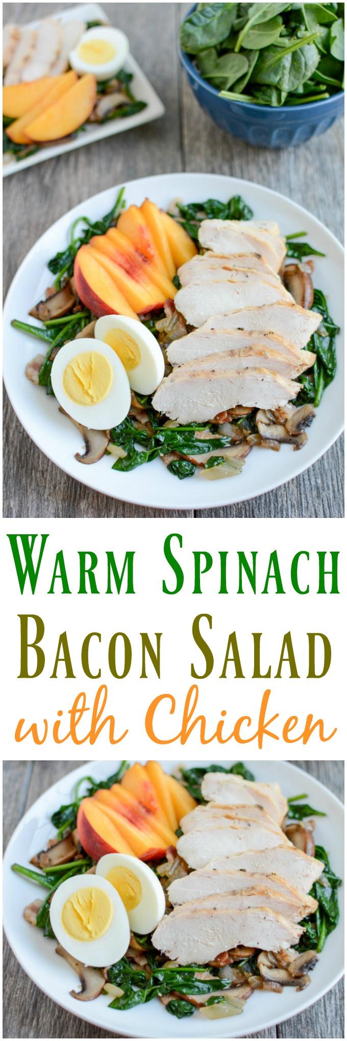 This Warm Spinach Bacon Salad with Chicken transforms leftover chicken into a whole new meal that's perfect for lunch or dinner.