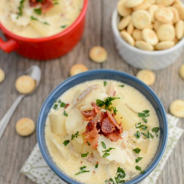 This Easy Fish Chowder tastes better than longer it sits! Make a big pot over the weekend and enjoy for lunch or dinner all week!