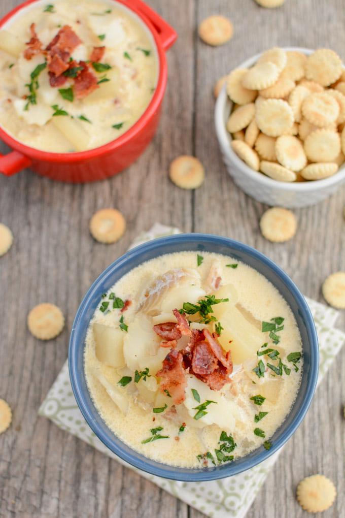 This Easy Fish Chowder tastes better than longer it sits! Make a big pot over the weekend and enjoy for lunch or dinner all week!