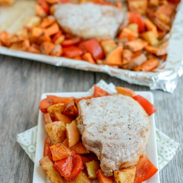 These easy Sheet Pan Pork Chops with Sweet Potatoes and Apples take just five minutes to prep and are perfect for a healthy fall dinner.